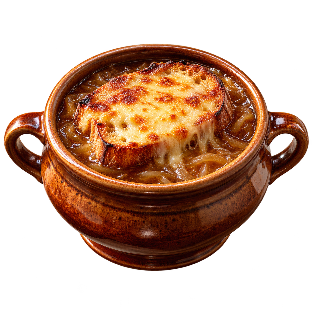 Zwiebelsuppe: Brot mit Käsedach
