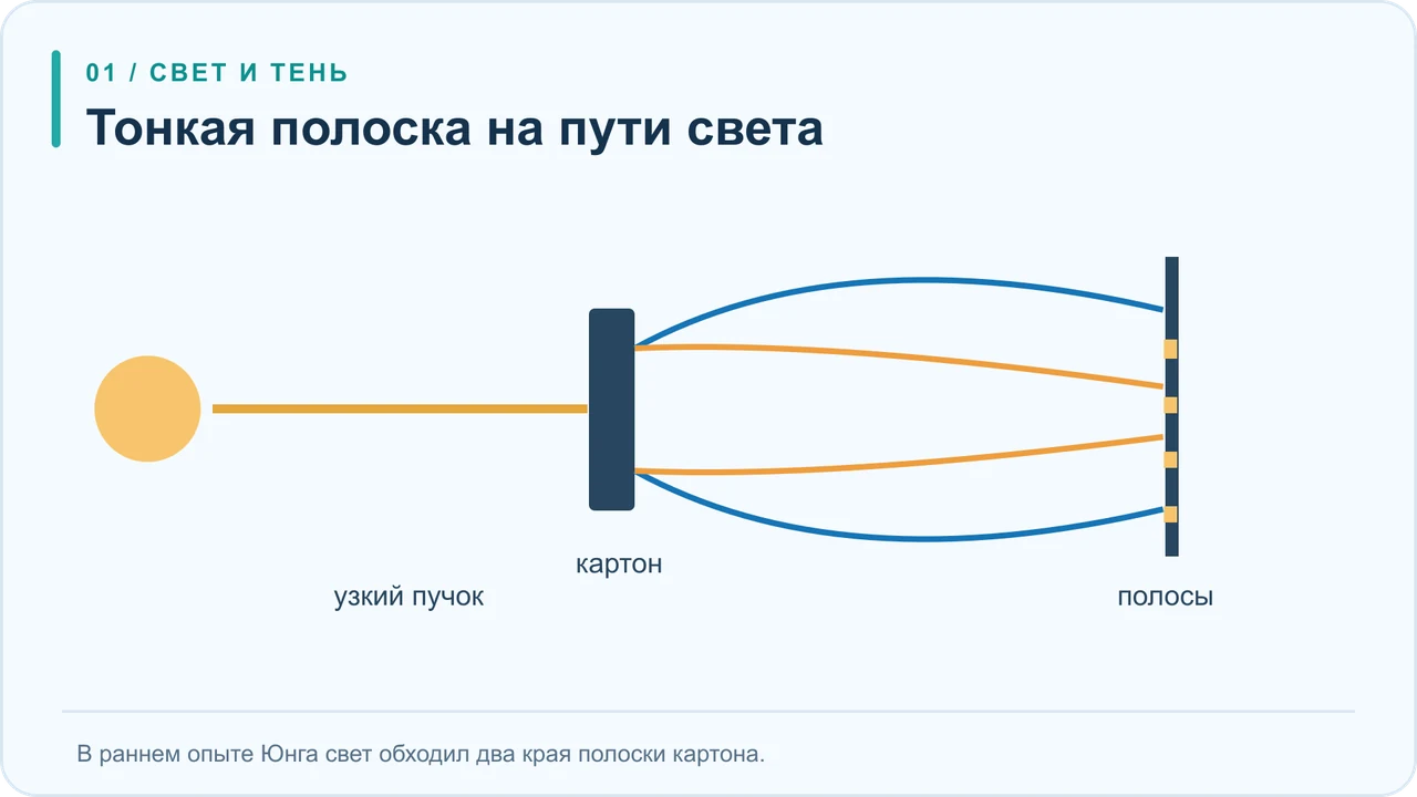 Луч света через маленькое отверстие встречает узкую полоску картона; за ней на экране видны светлые и тёмные полосы