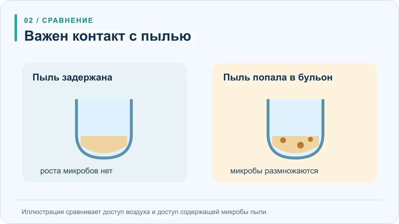 Сравнение колбы с задержанной пылью и колбы, в которой бульон коснулся пыли: во второй появляются микроорганизмы