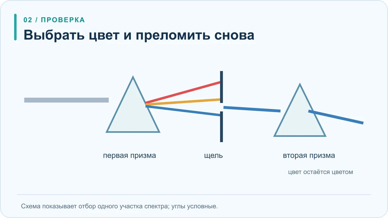 Две призмы и экран с узкой щелью: выбранный цвет во второй призме отклоняется, но не превращается в новую радугу