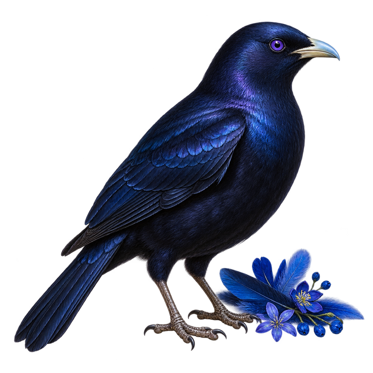 Dark blue satin bowerbird next to blue finds