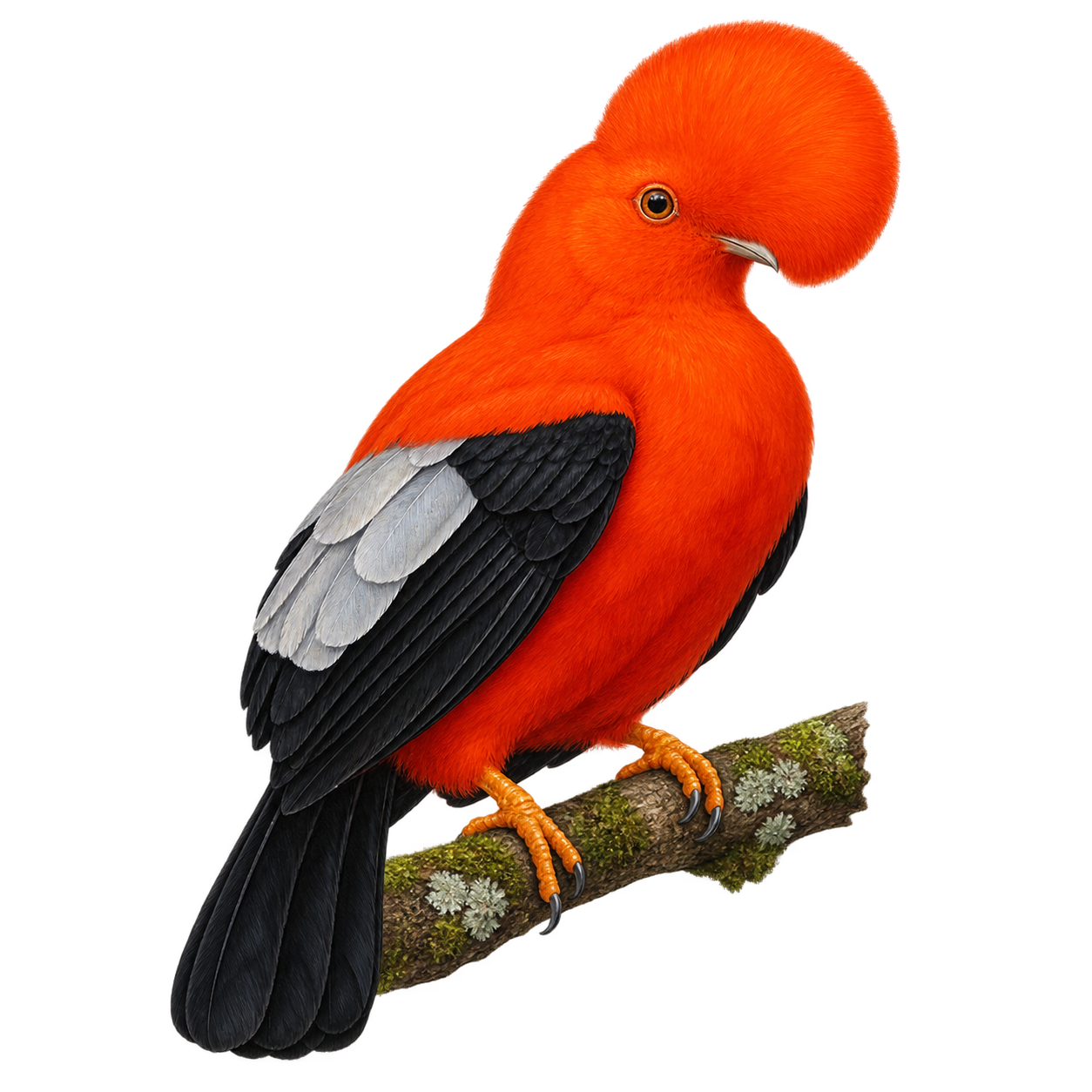 Bright orange Andean cock-of-the-rock with a large round crest