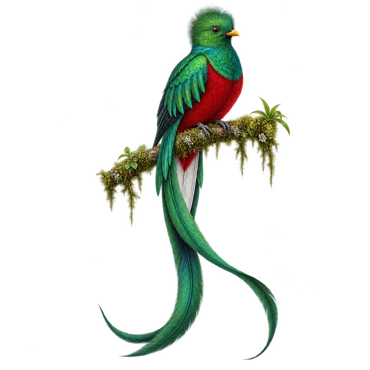 Emerald quetzal with red chest and long tail feathers