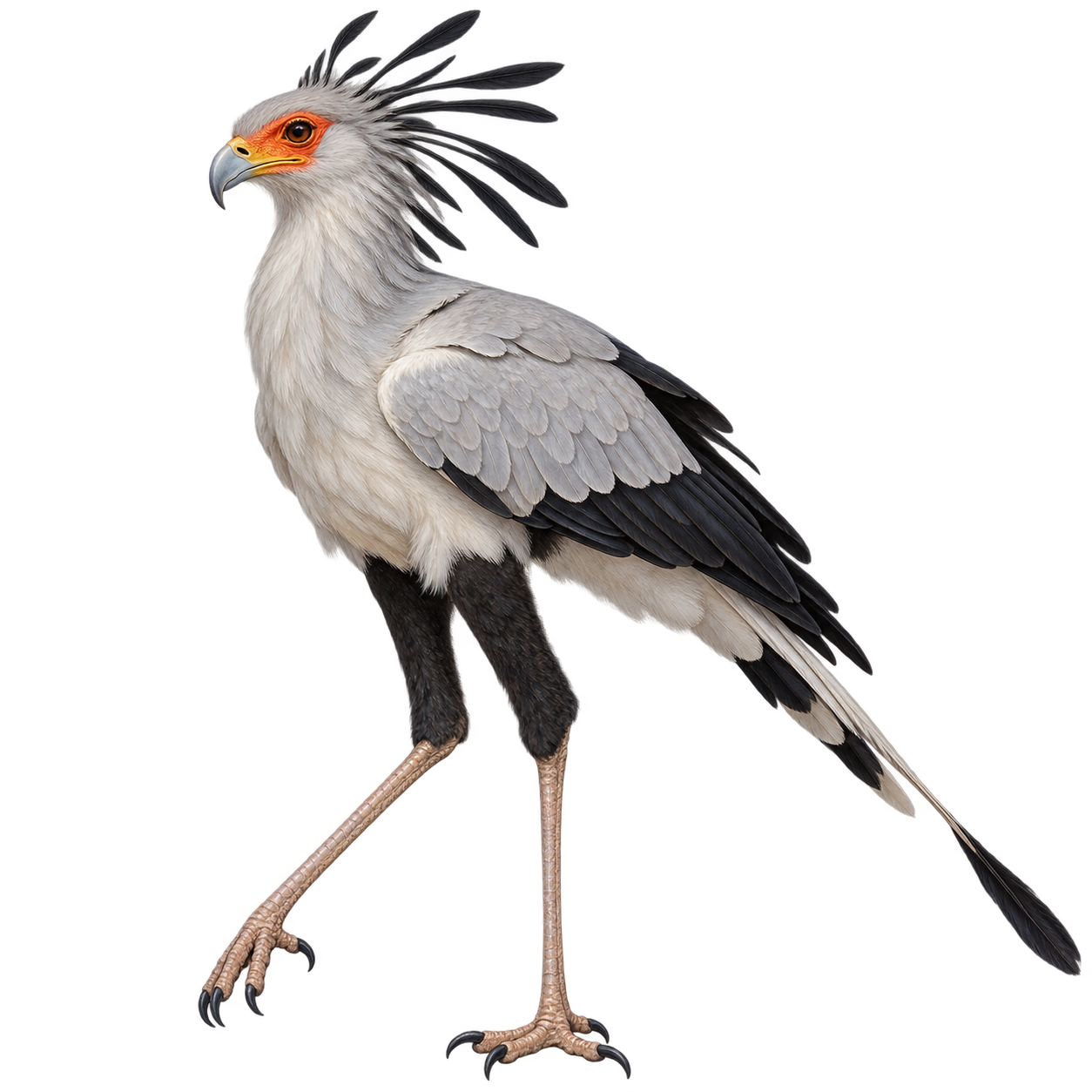 Secretary bird with long legs and black feathers on its head