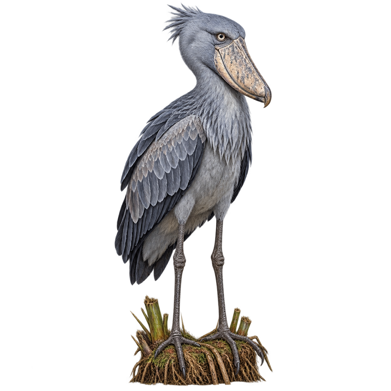 Gray shoebill with huge shoe-shaped beak