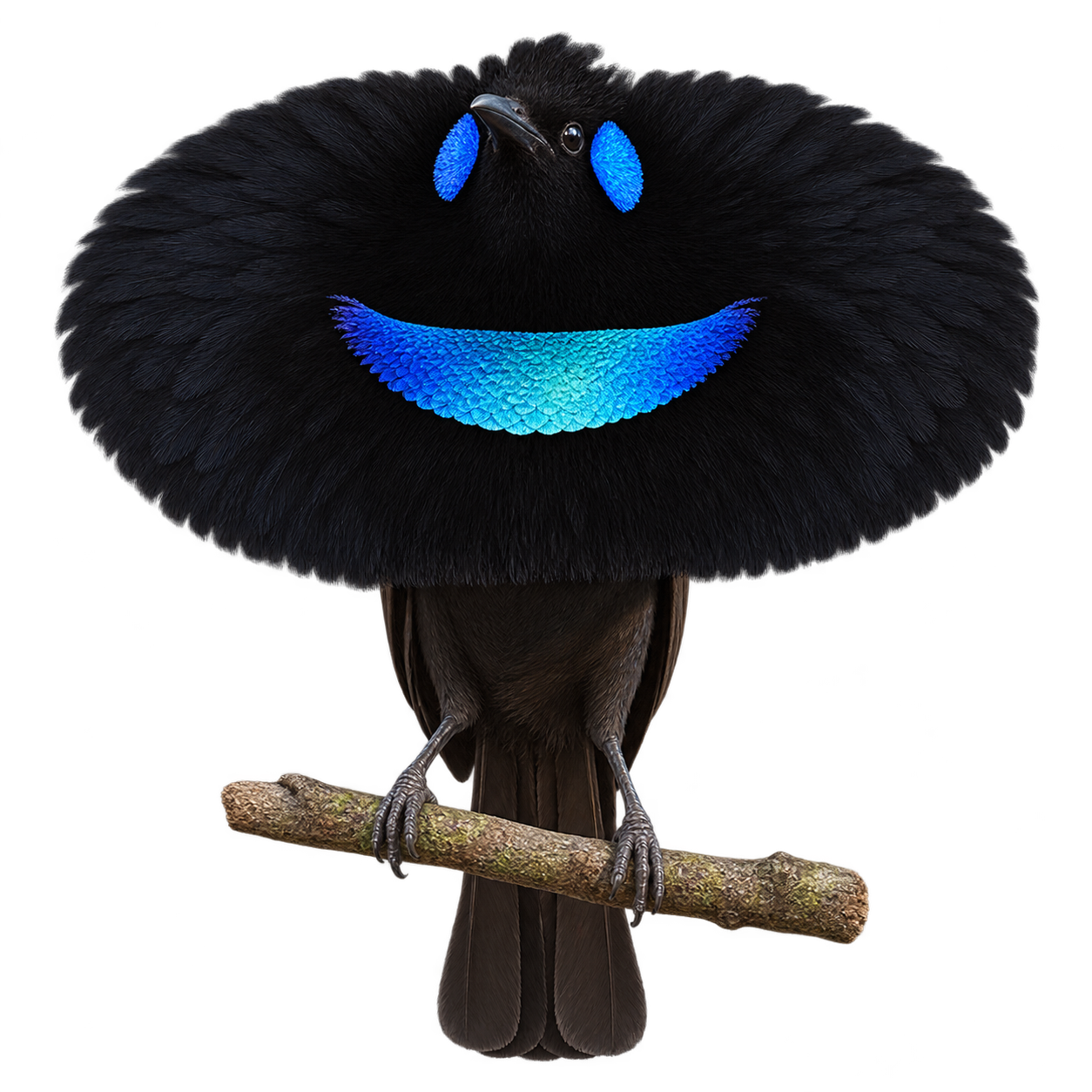 Black bird of paradise with spread feathers and bright blue nuptial pattern