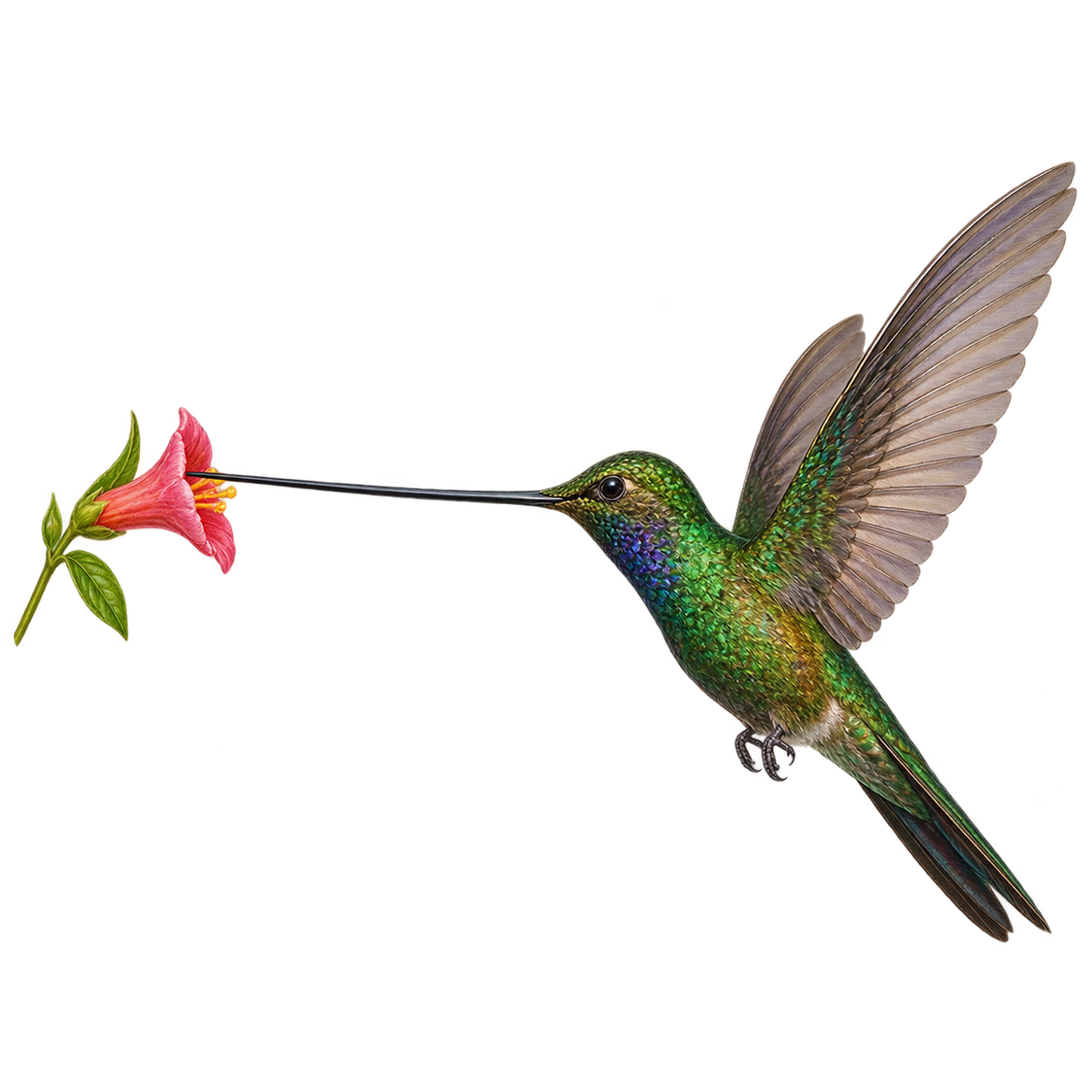 Green sword-billed hummingbird at a long tubular flower calyx