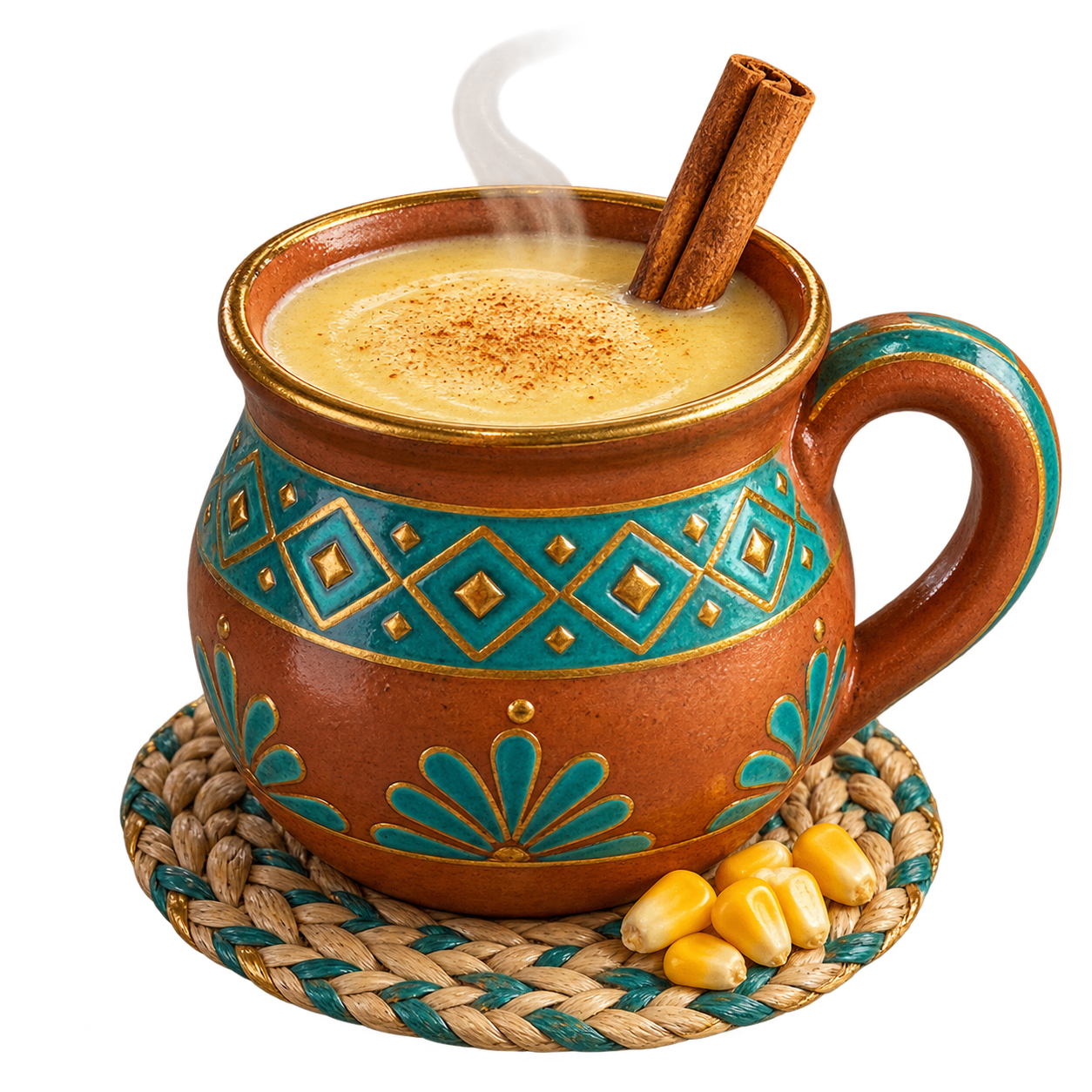 Thick Mexican atole in a clay mug with cinnamon