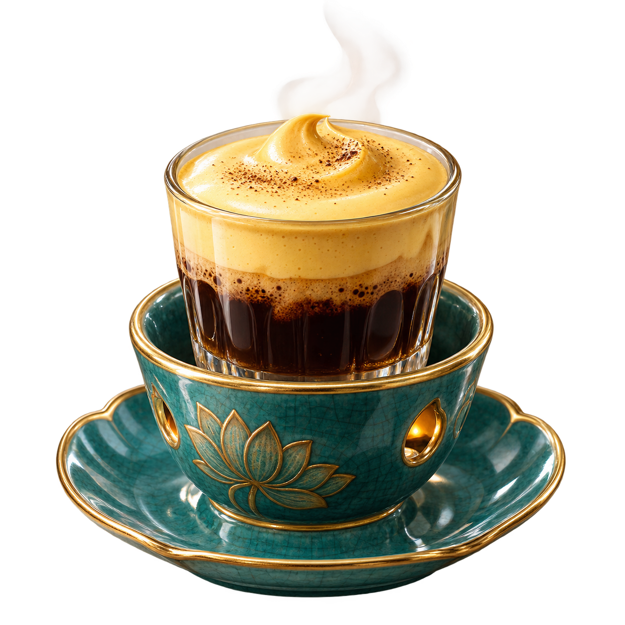 Vietnamese egg coffee with thick light foam in a glass glass