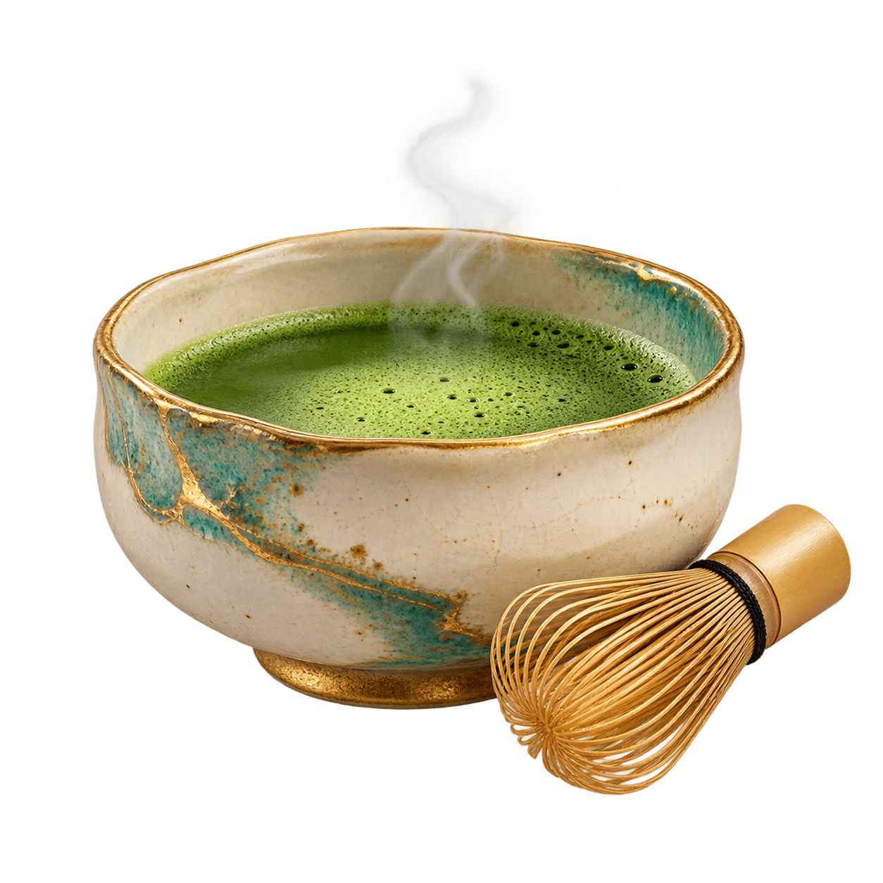 Japanese green matcha in a wide bowl next to a bamboo whisk