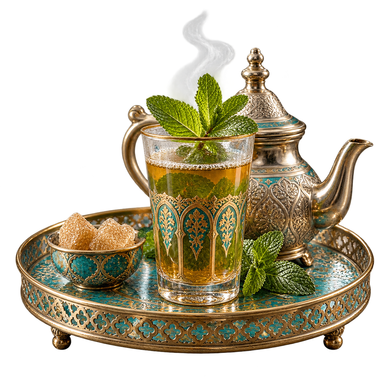 Moroccan green tea with mint in a patterned glass