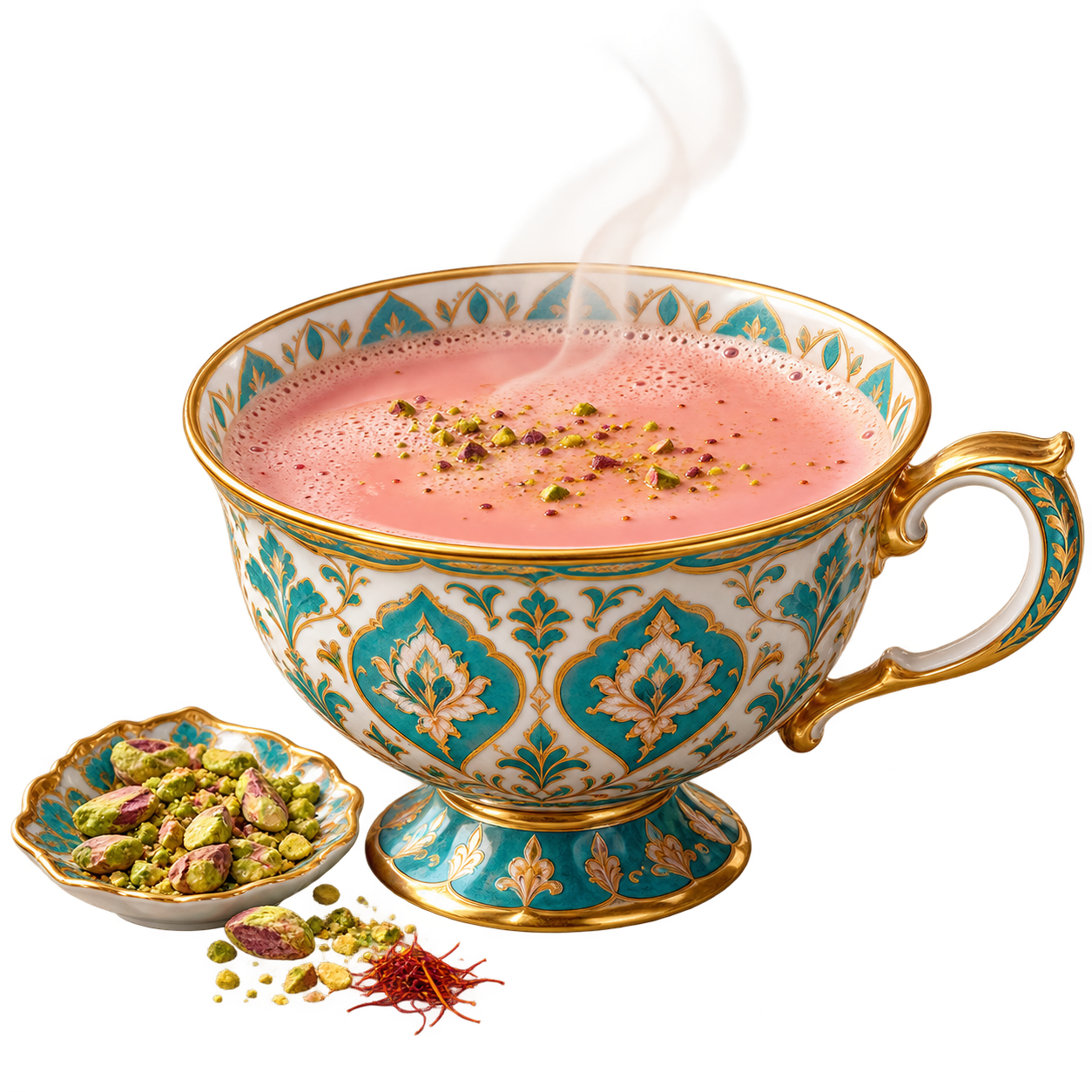 Kashmiri pink noon chai with pistachios in a patterned cup