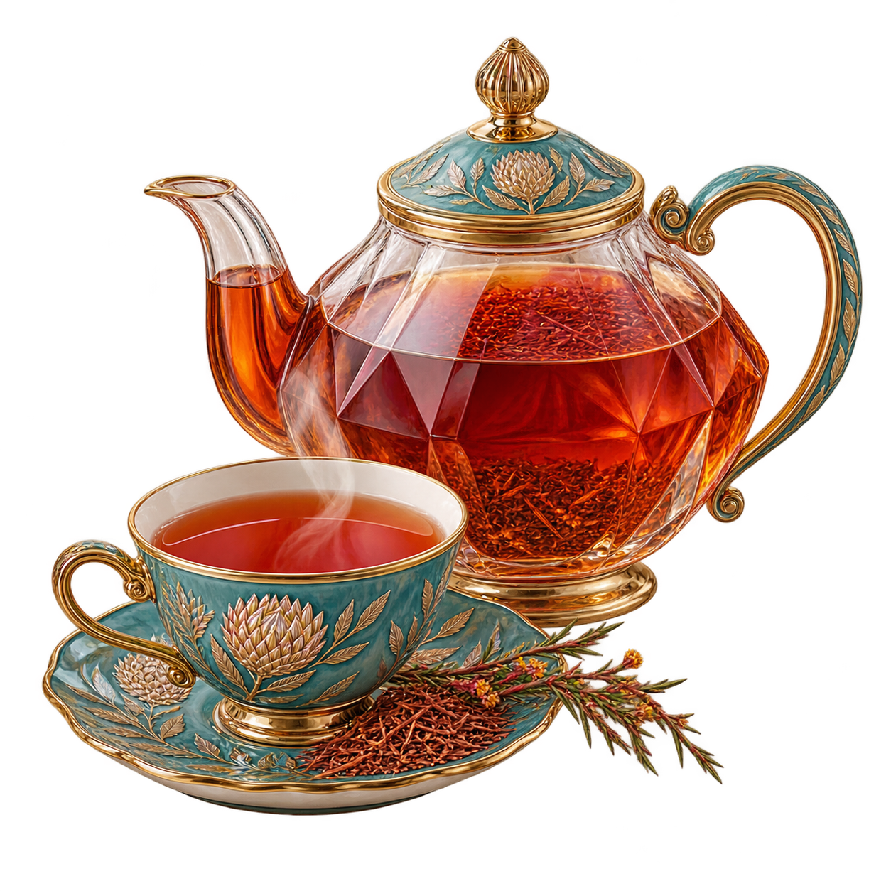 Reddish rooibos in a glass teapot and small cup