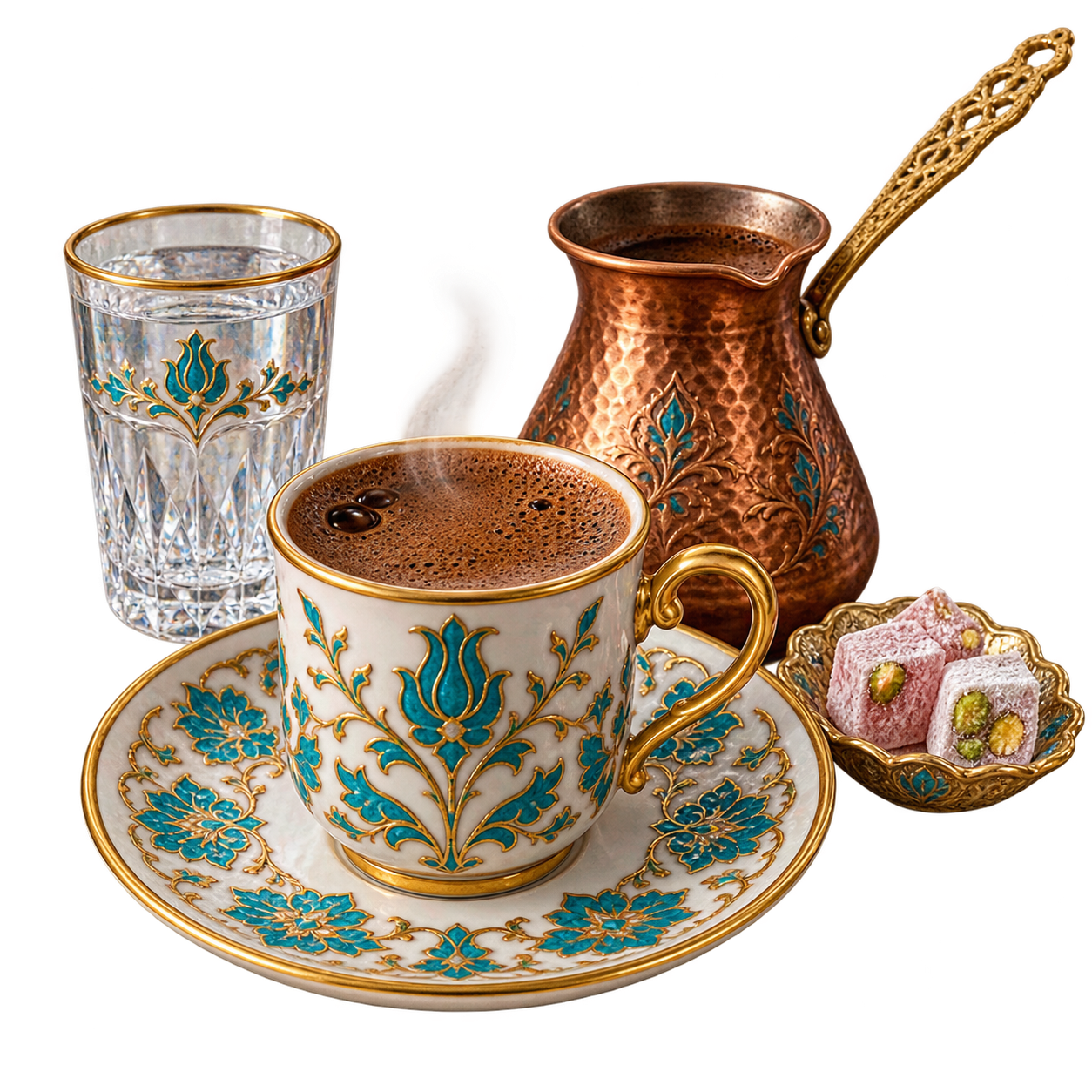Small cup of Turkish coffee with copper cezve