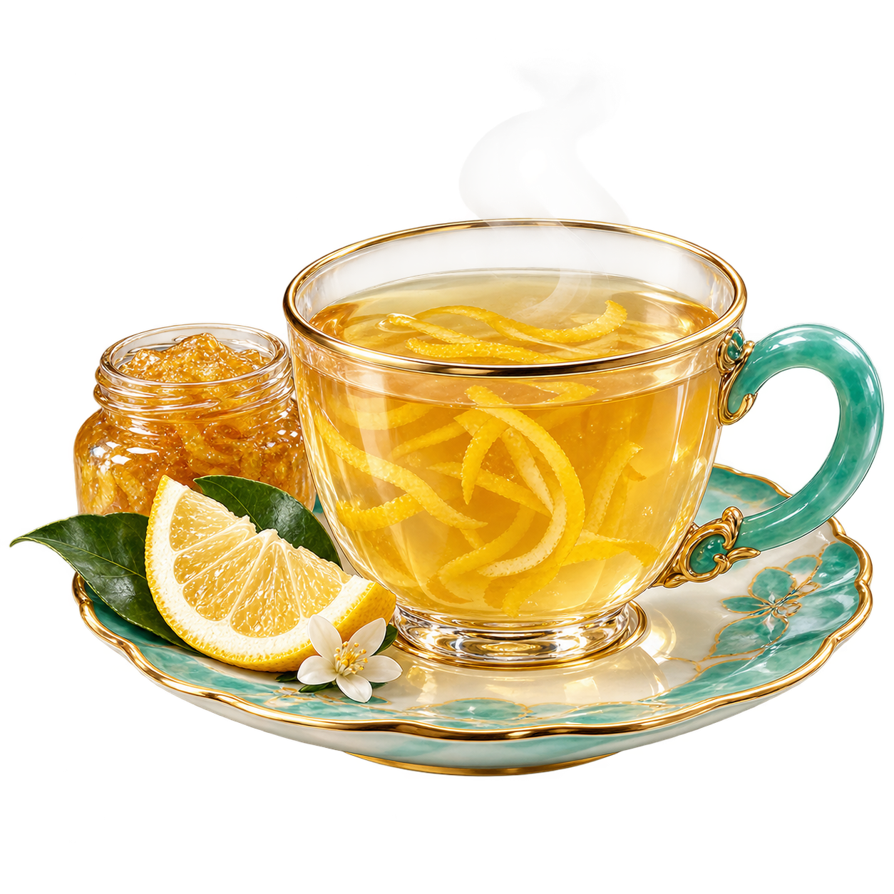Korean Yuja tea with citrus peel strips in a glass cup