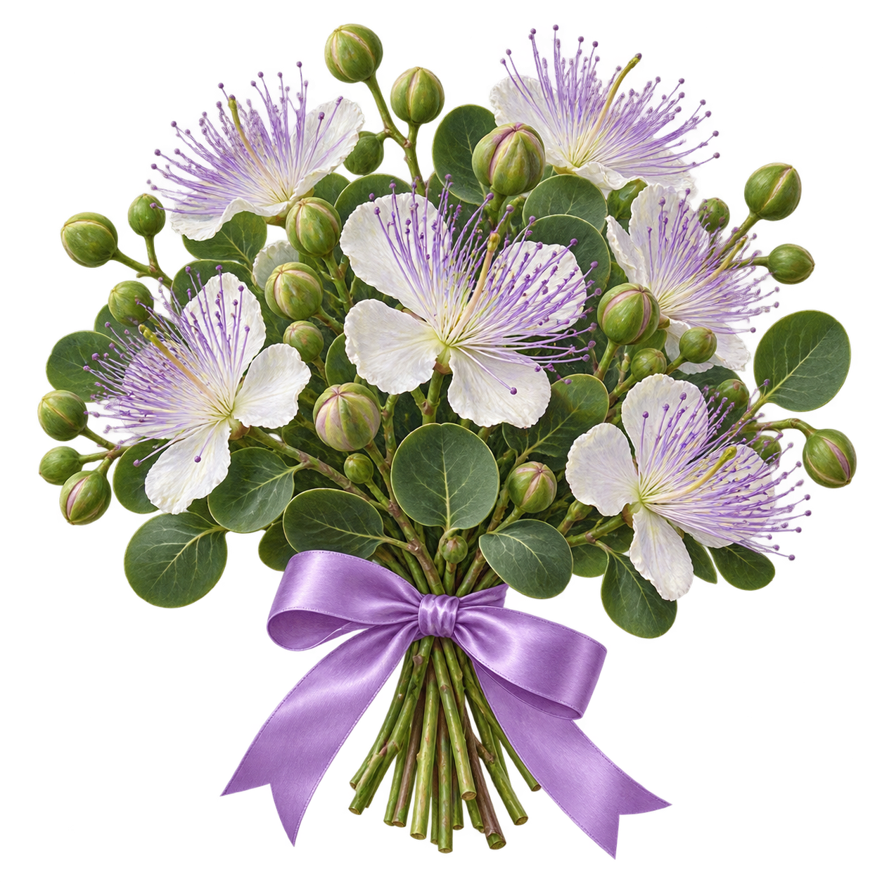 Bouquet “Caper Dawn”: white caper flowers with purple stamens