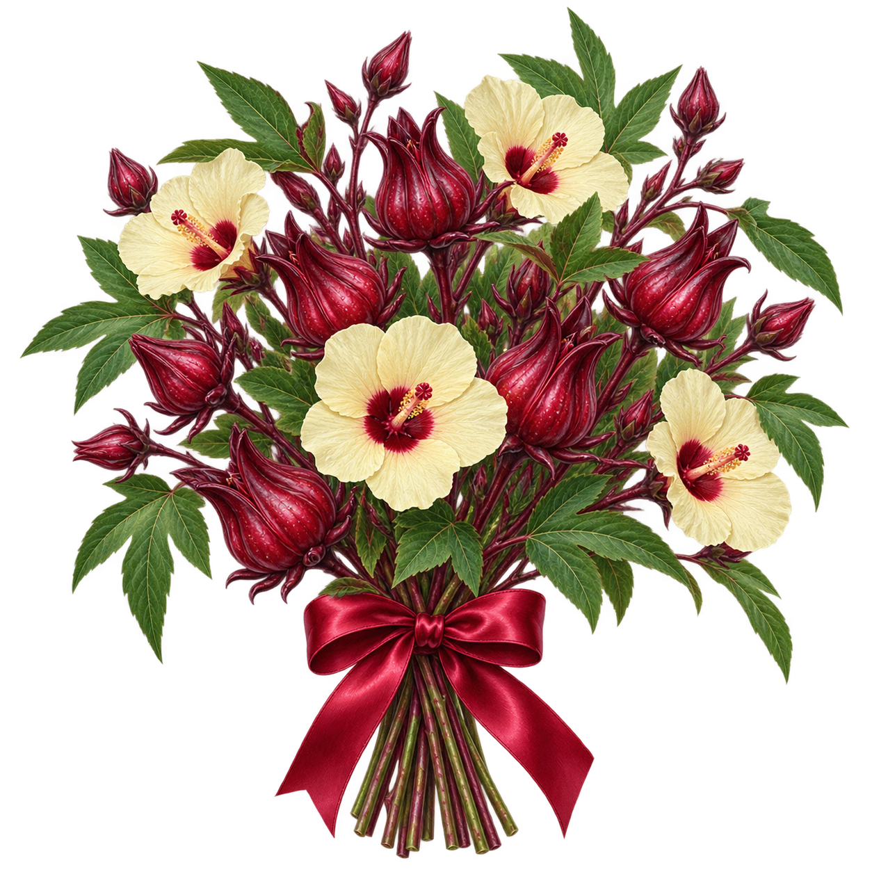 Bouquet “Ruby hibiscus”: light roselle flowers and red calyxes